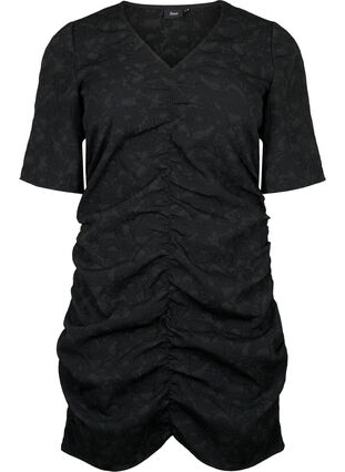 Kortärmad klänning med textur och draperingar, Black, Packshot image number 0