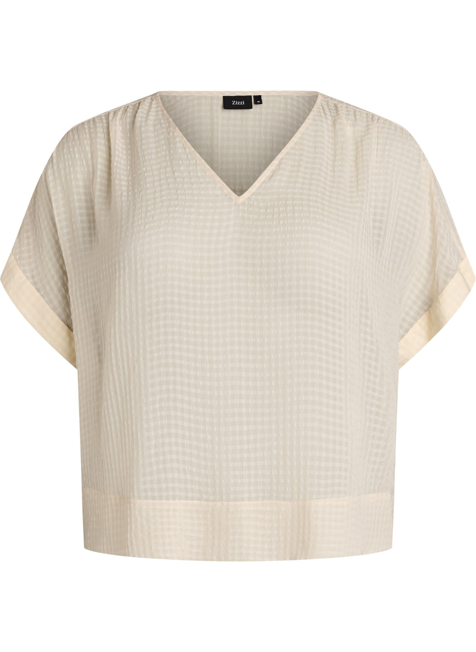 ZizziBlus i seersucker med v-ringning, Beige, Packshot image number 0