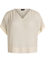 Blus i seersucker med v-ringning, Beige