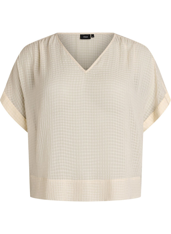 Blus i seersucker med v-ringning, Beige, Packshot image number 0