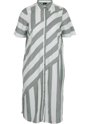Kortärmad skjortklänning i bomull med ränder, Thyme Stripe, Packshot image number 0