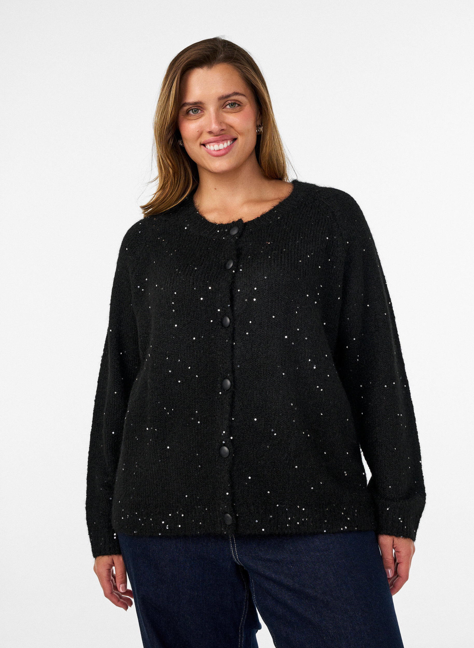 Cardigan med paljetter och knappar, Svart, Model