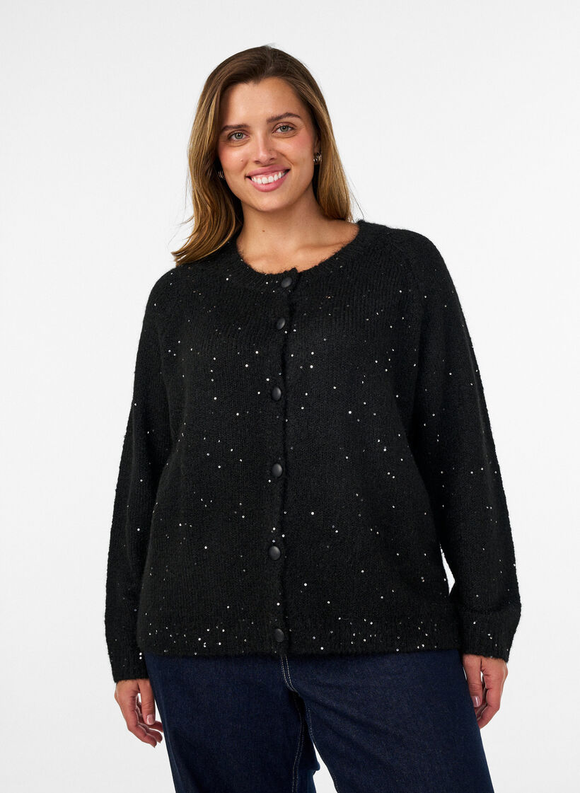 Cardigan med paljetter och knappar, Svart, Model image number 0