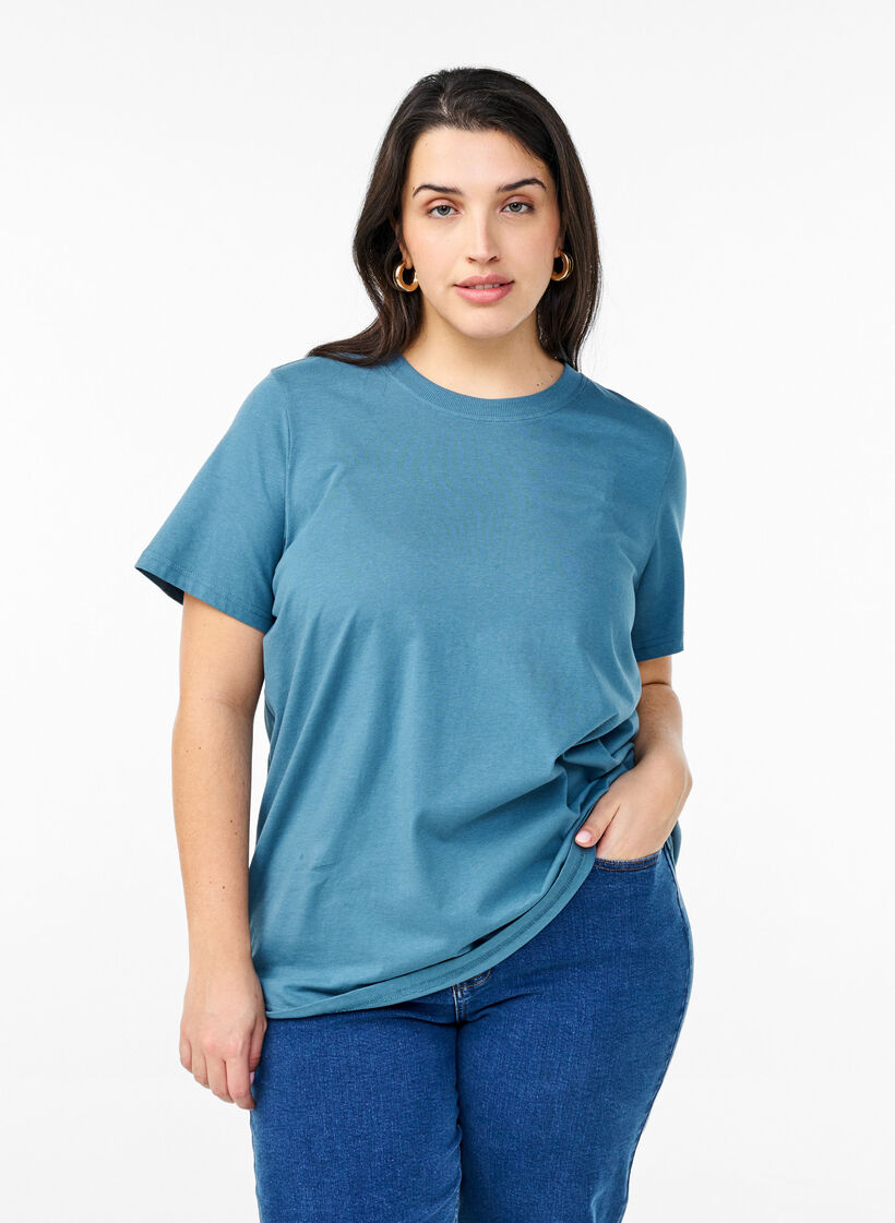Enkel t-shirt i bomull med rund halsringning, Bl&aring;, Model image number 0