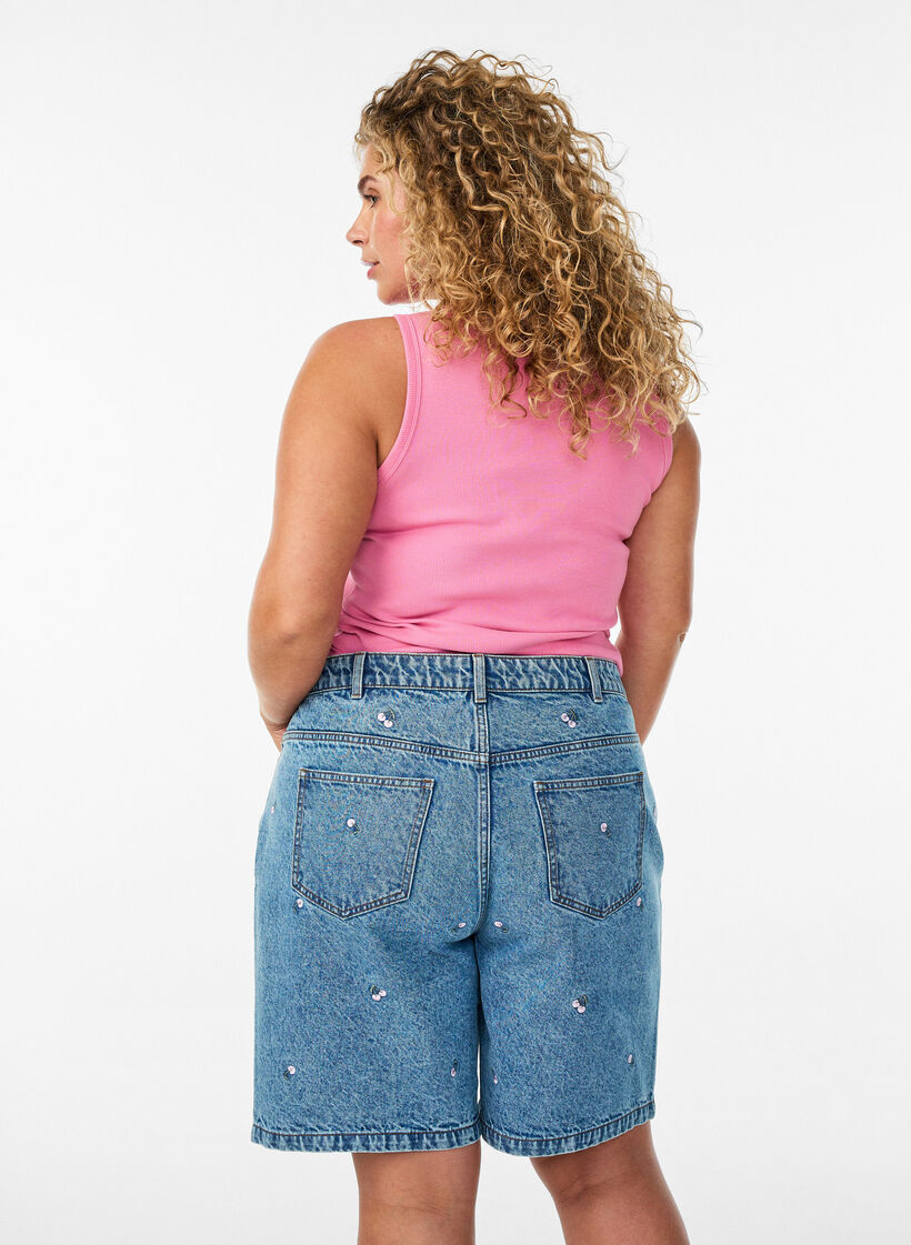 Jeansshorts med h&ouml;g midja och broderade motiv, Bl&aring;, Model image number 2