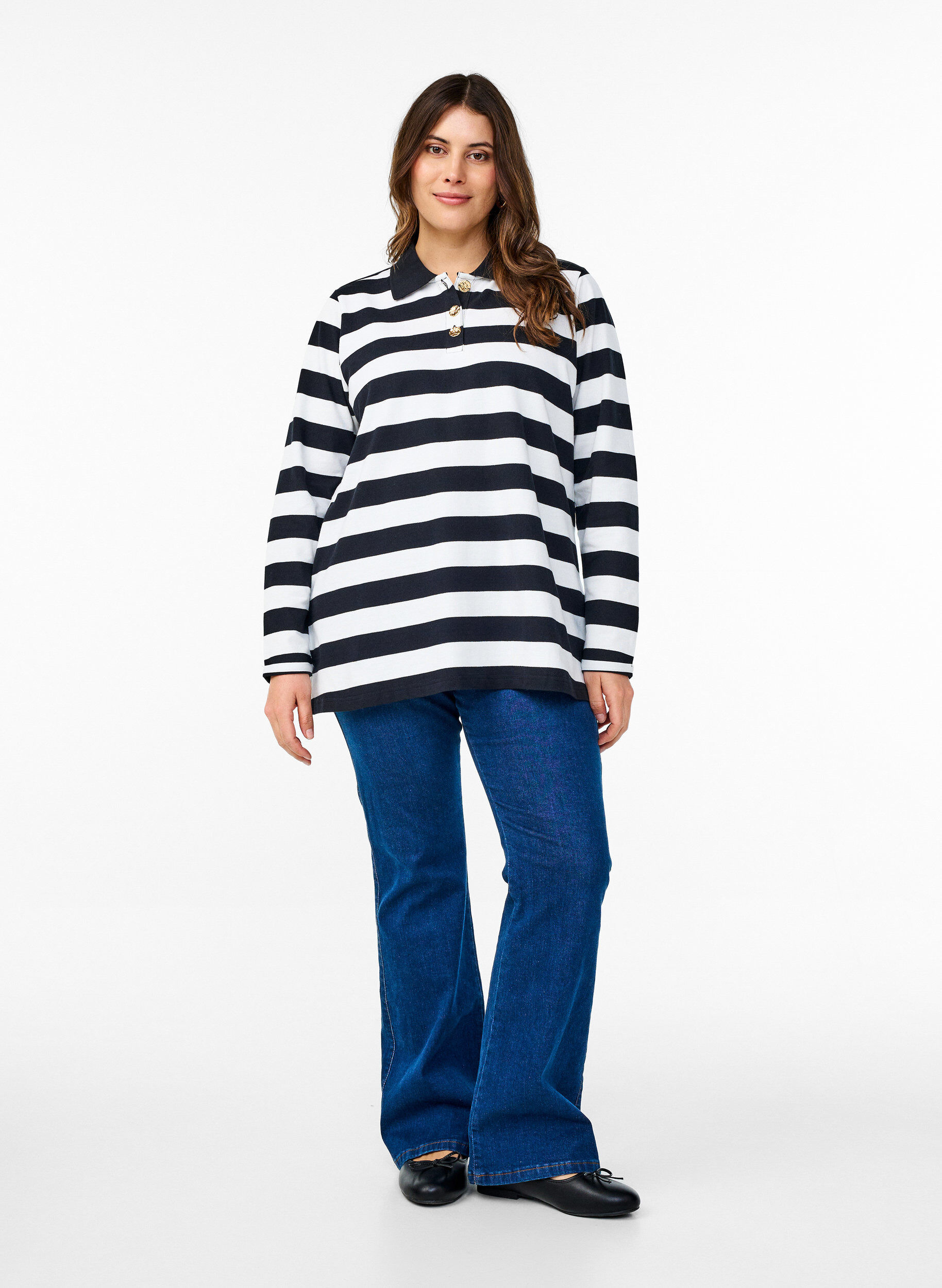 Zizzi Randig pik&eacute;tr&ouml;ja med l&aring;nga &auml;rmar, Svart, Model image number 1