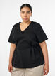 Blus i bomullsblandning med v-ringning och knytband, Svart, Model image number 0