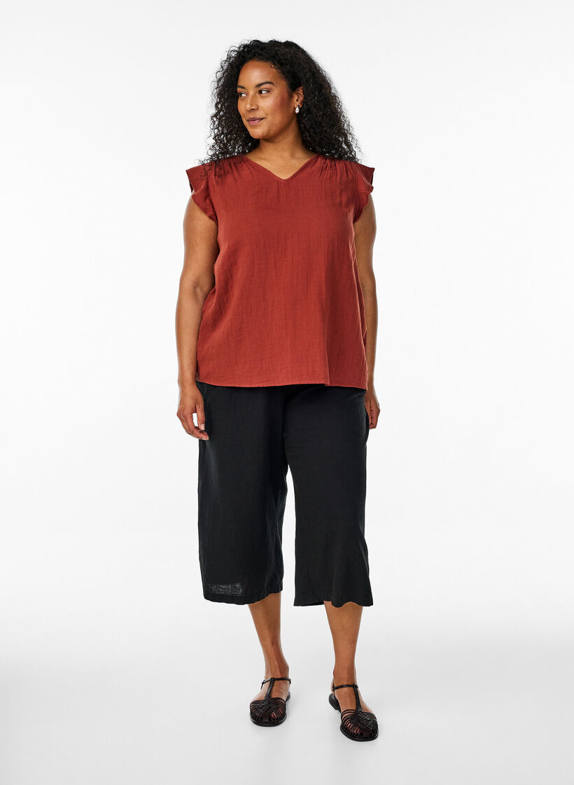 &Auml;rml&ouml;s topp i bomullsmuslin med volanger, R&ouml;d, Model image number 1