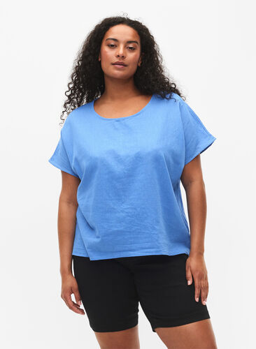 Kortärmad blus i bomullsmix med linne, Ultramarine, Model image number 0