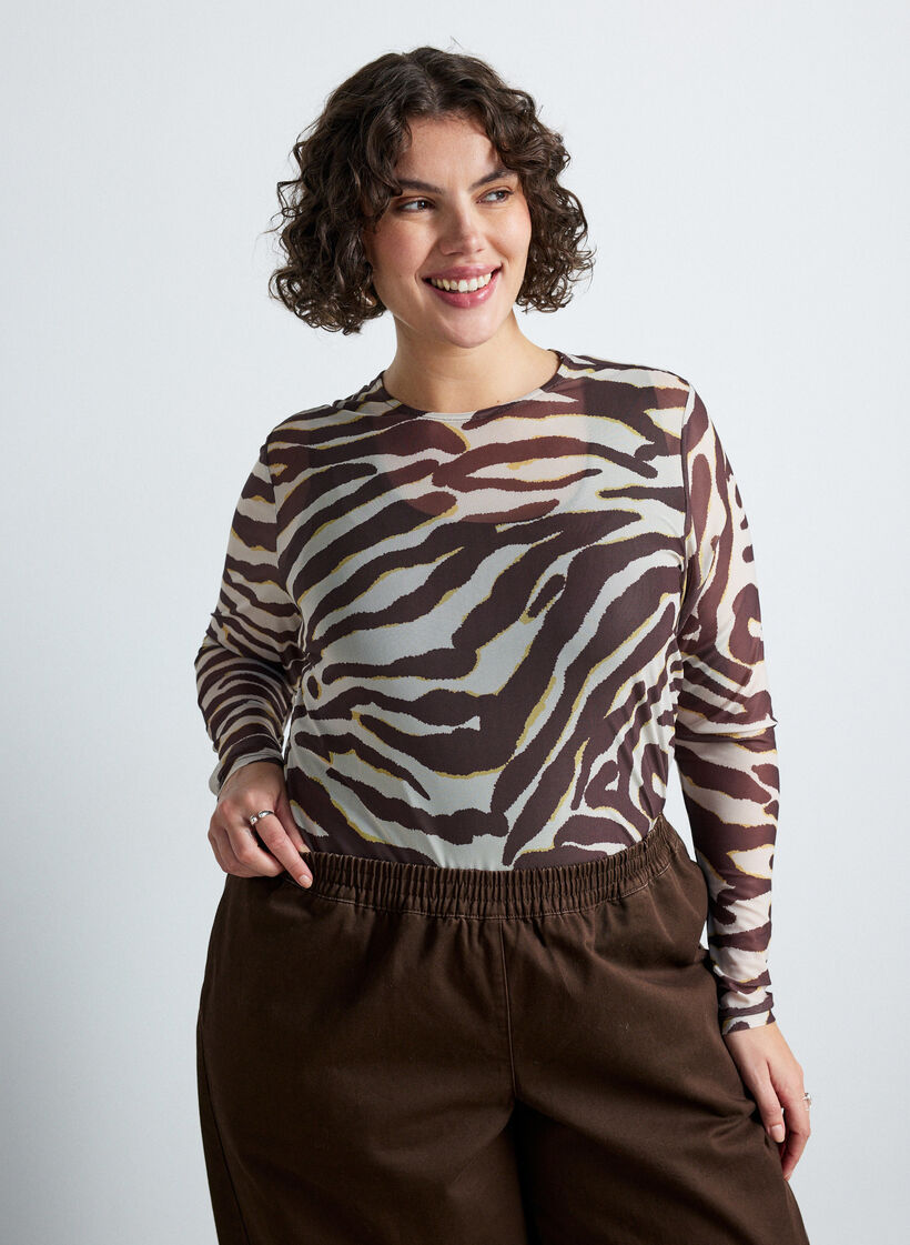 Blus i mesh med tryck, Brun, Model image number 0