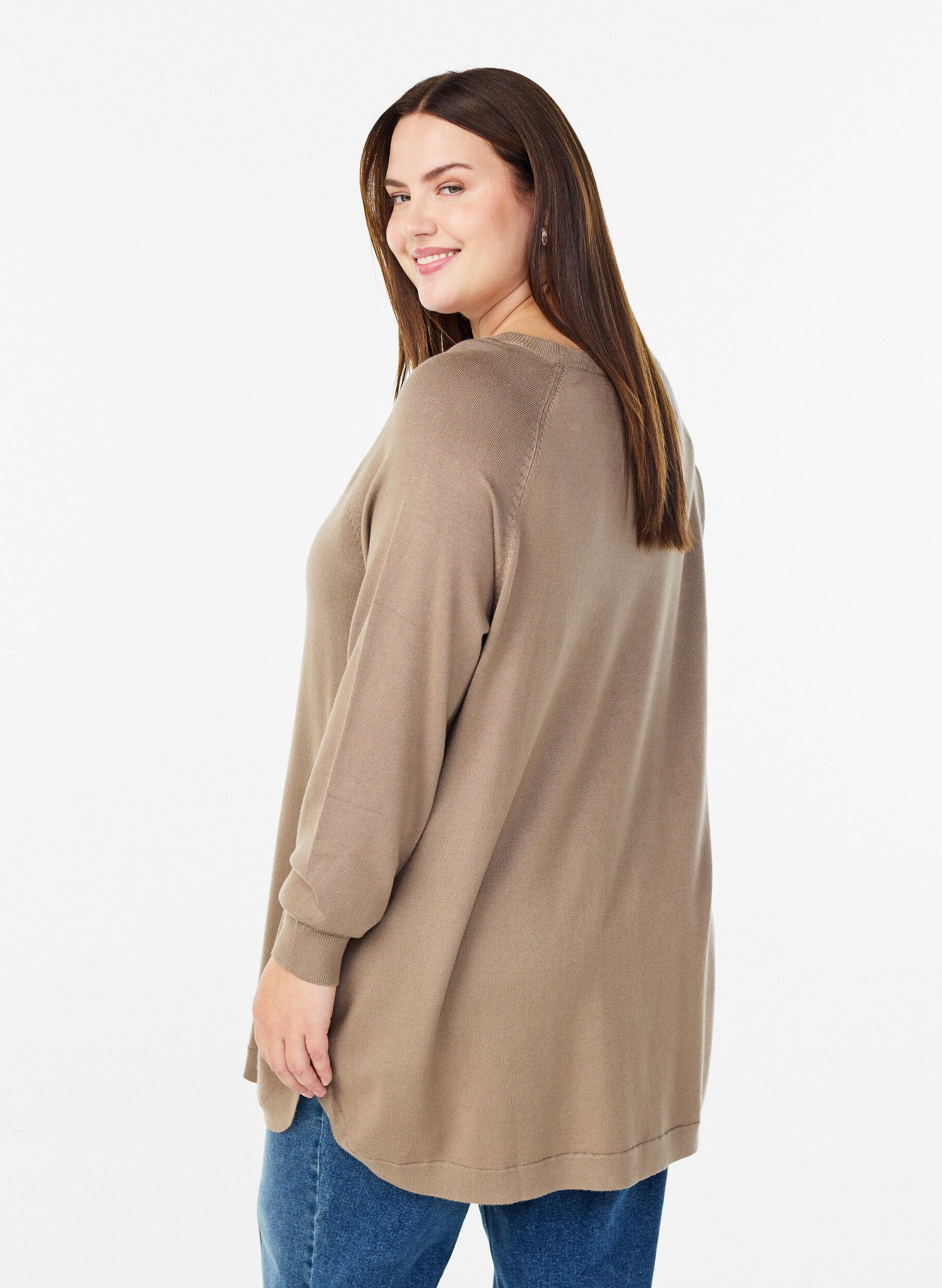 Zizzi Stickad blus med knappar i sidan, Beige, Model image number 2