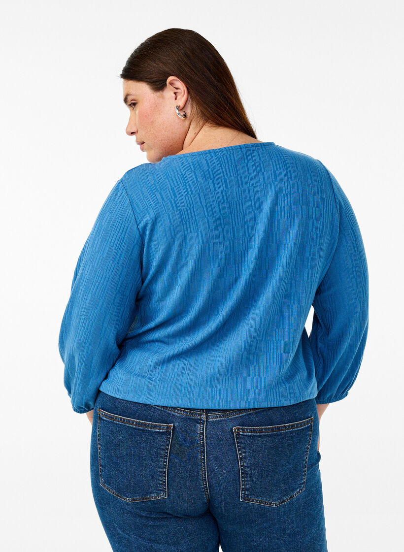 Blus med struktur och 3/4-&auml;rmar, Bl&aring;, Model image number 2