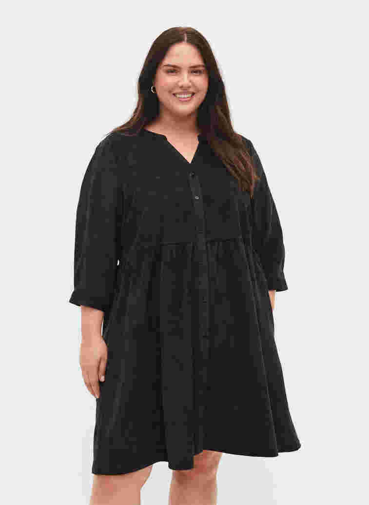 Klänning med 3/4-ärmar och knappar, Black, Model