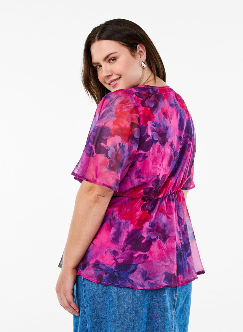 Blus i chiffong med blommor och korta &auml;rmar, R&ouml;d, Model image number 2