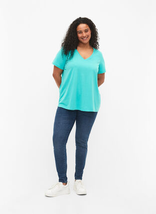 Kortärmad t-shirt med v-hals, Turquoise, Model image number 2