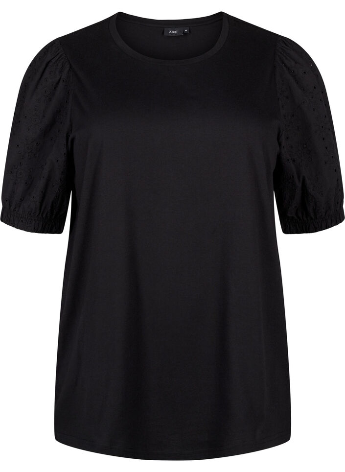 Blus i ekologisk bomull med broderie anglaise-ärmar, Black, Packshot image number 0