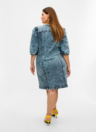 Denimklänning med puffärmar, Medium Blue Denim, Model image number 1