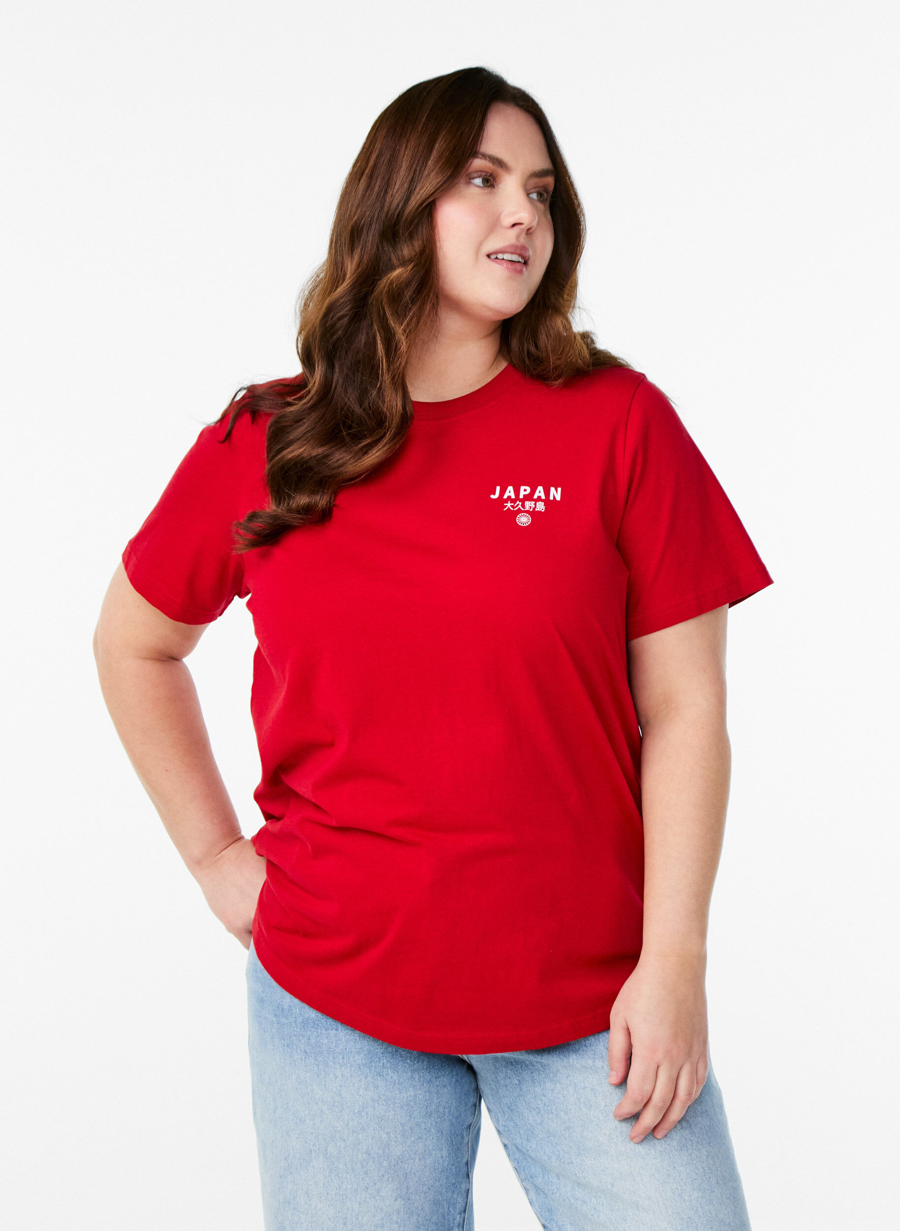 T-shirt i bomull med texttryck och rund halsringning, R&ouml;d, Model