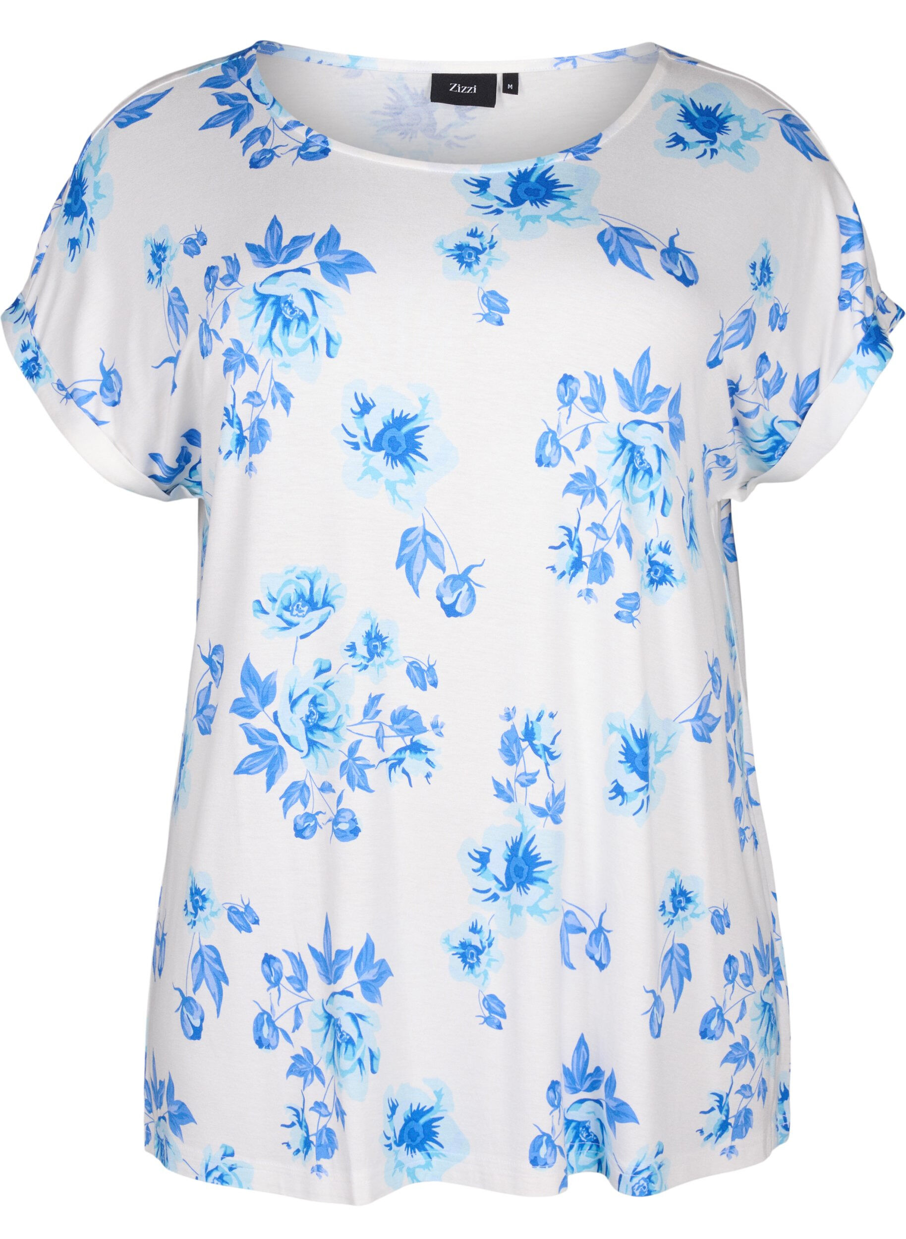 Zizzi Blommig blus i viskos med kort &auml;rm, White Blue AOP, Packshot image number 0