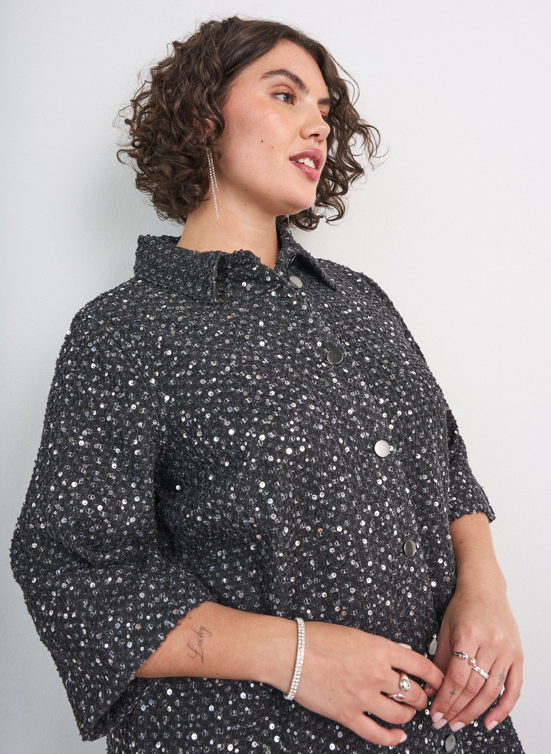 ZizziKl&auml;nning i denim med paljetter och 3/4-&auml;rmar, Svart, Model image number 3