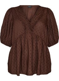 Blus i viskos med prickig textur och v-ringning, Brun