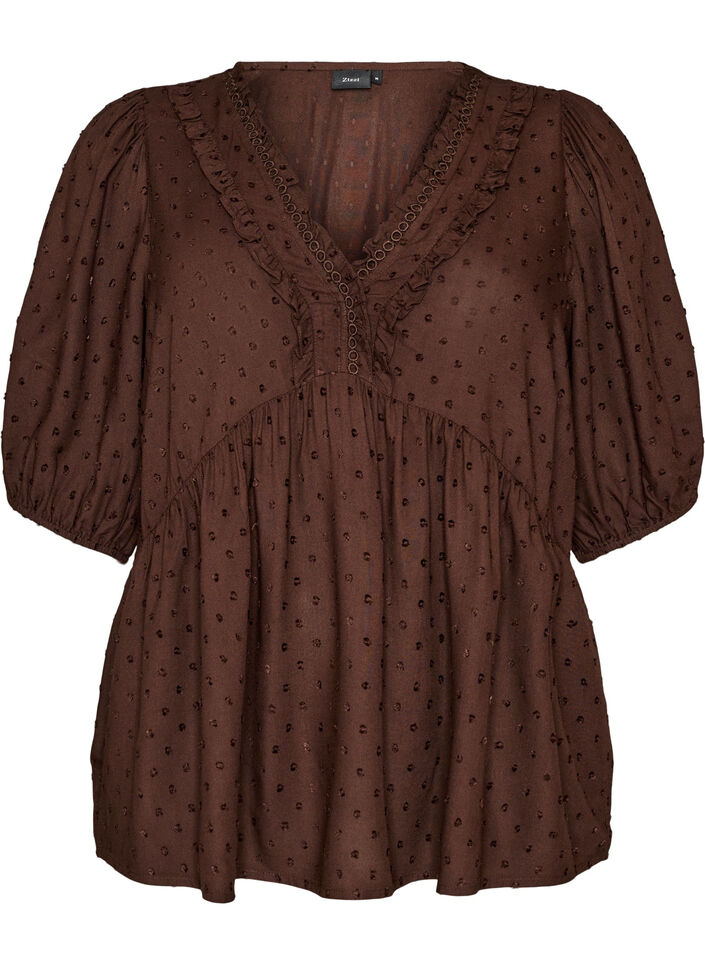 Blus i viskos med prickig textur och v-ringning, Brun, Packshot image number 0