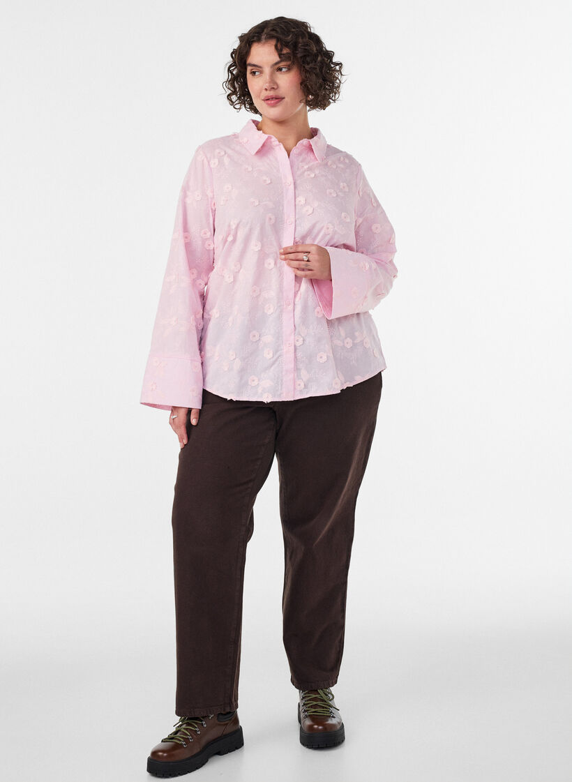 Skjorta med blommigt broderi och vida &auml;rmar, Rosa, Model image number 1