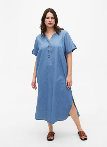 Denimklänning med slits och korta ärmar, Blue denim, Model image number 0