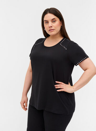 T-shirt i bomull med nitar, Black, Model image number 0
