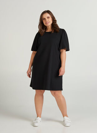 Sweatklänning med puffärmar, Black, Model image number 2