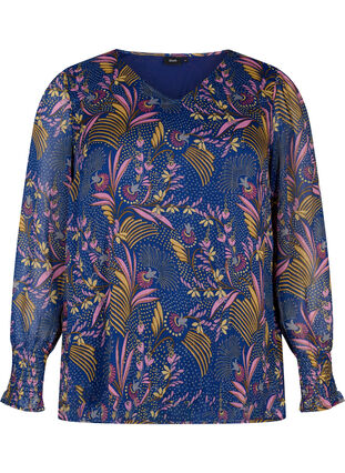 Blommig blus med långa ärmar och v-hals, Blue w. Pink Leaf, Packshot image number 0