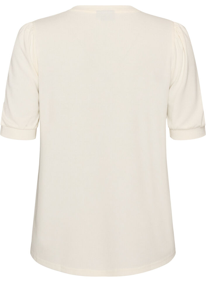Blus med knappdetalj och korta puff&auml;rmar, Beige, Packshot image number 1