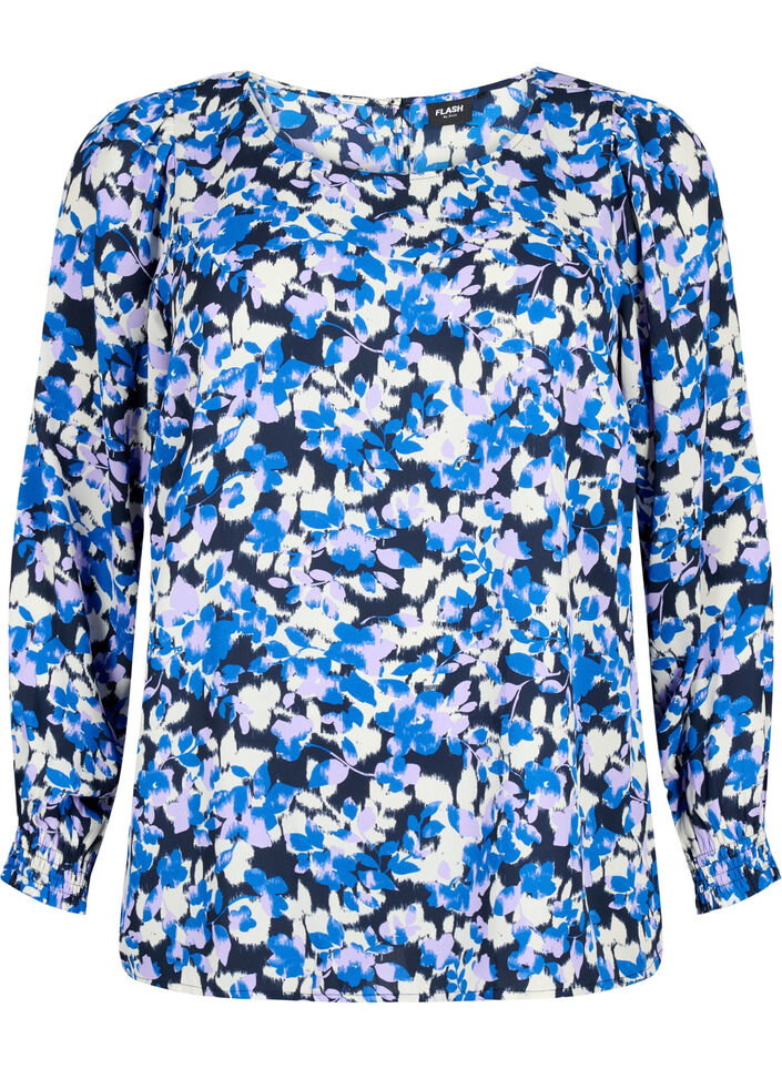 FLASH - Långärmad blus med smock och tryck, Blue Purple Flower, Packshot image number 0