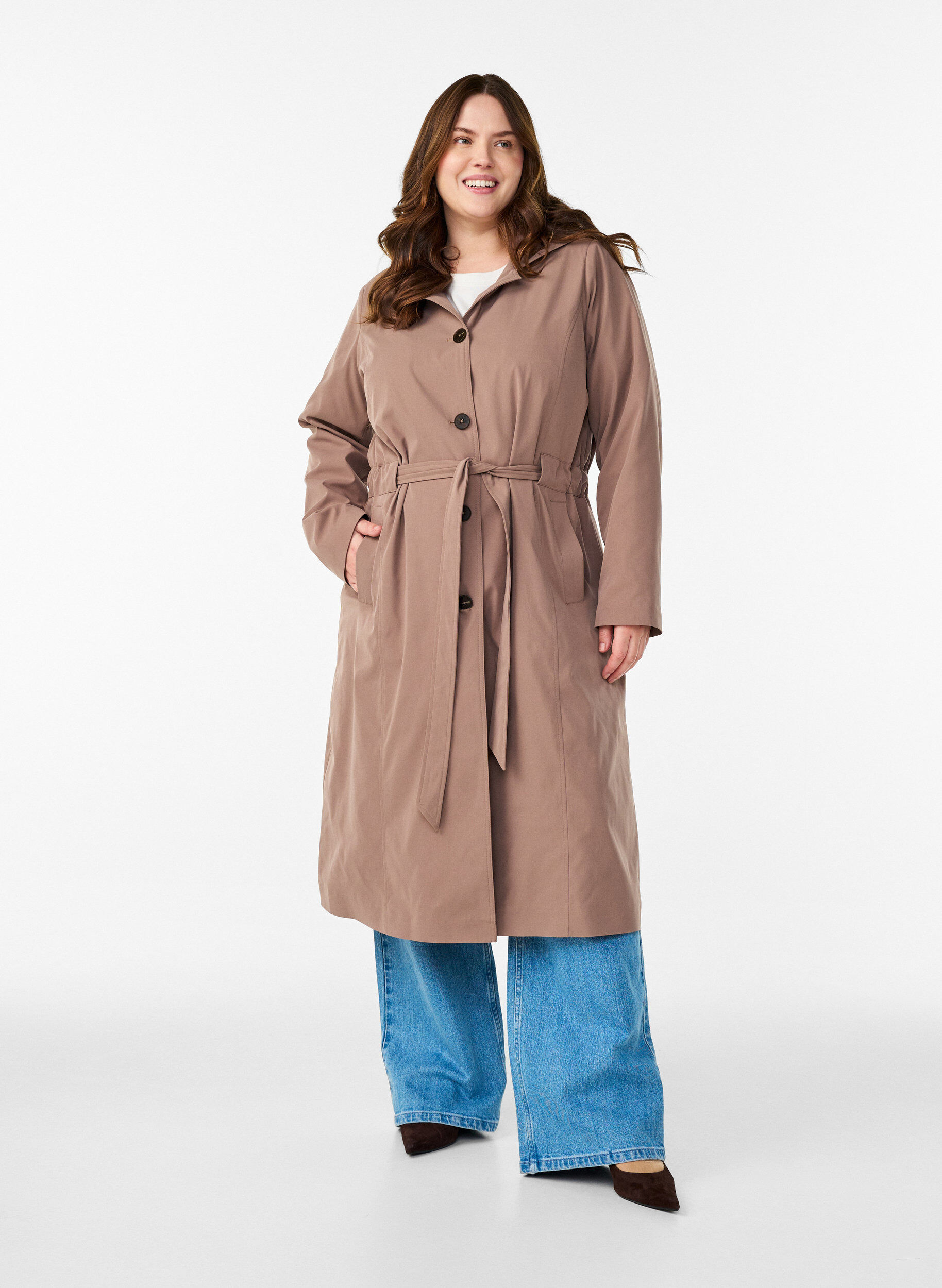 Zizzi Trenchcoat med huva och knytsk&auml;rp, Brun, Model image number 1