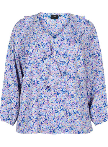 Tryckt blus med volanger, Purple Ditzy Flower, Packshot image number 0