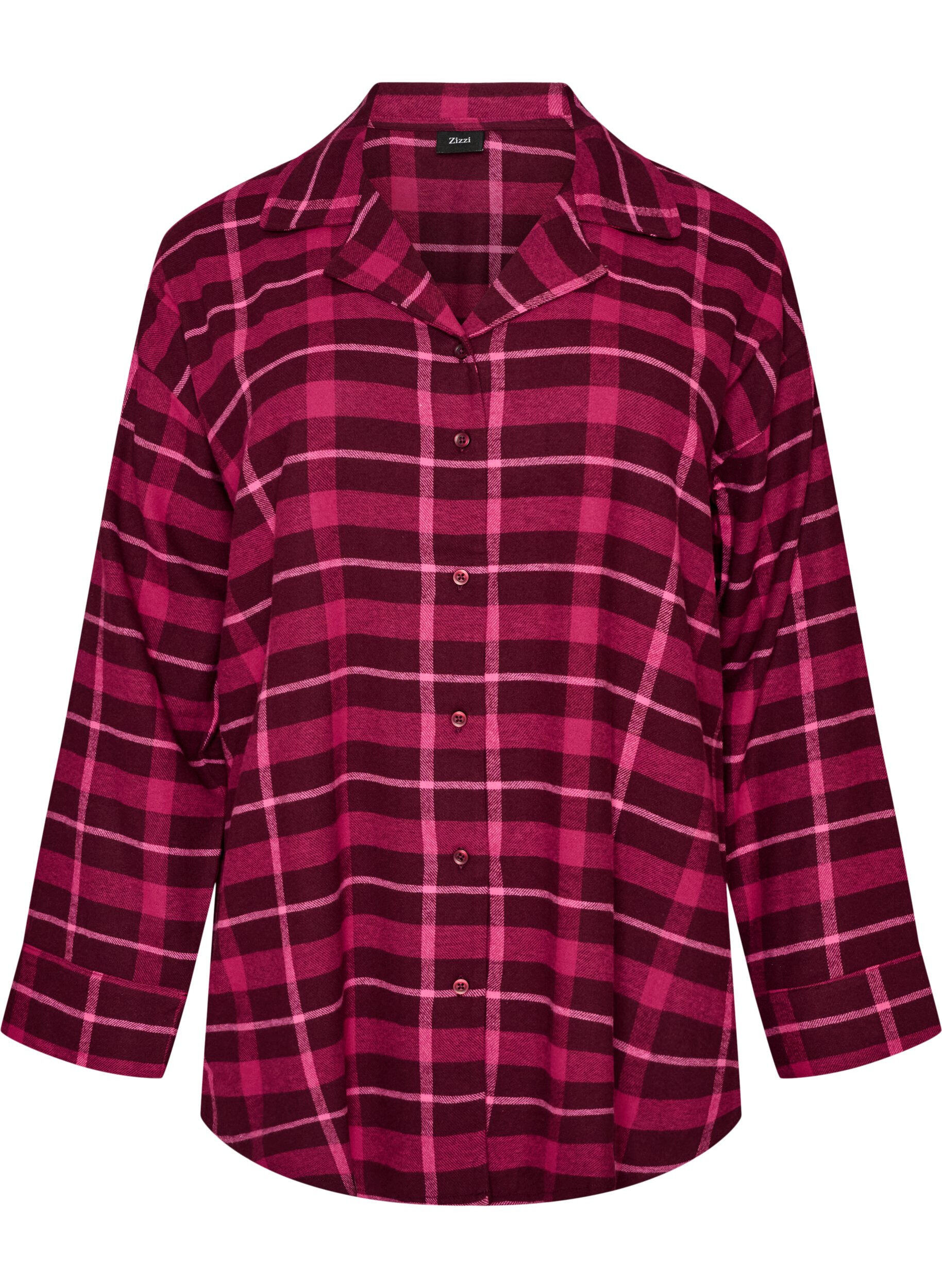 ZizziRutig pyjamasskjorta i bomull med l&aring;nga &auml;rmar, R&ouml;d, Packshot image number 0