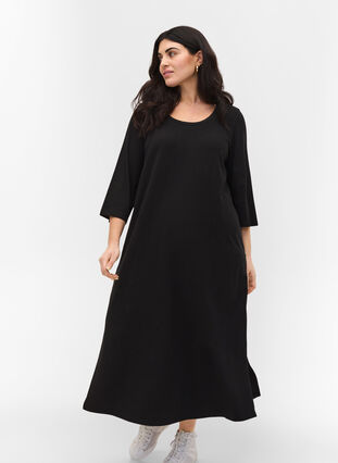 Midiklänning i bomull med slits , Black, Model image number 2