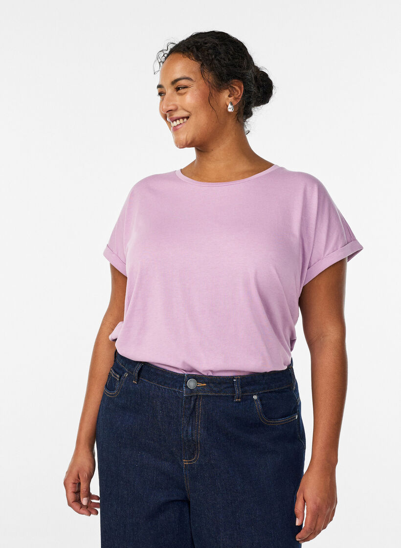 Kort&auml;rmad t-shirt i bomullsmix, Lila, Model image number 0