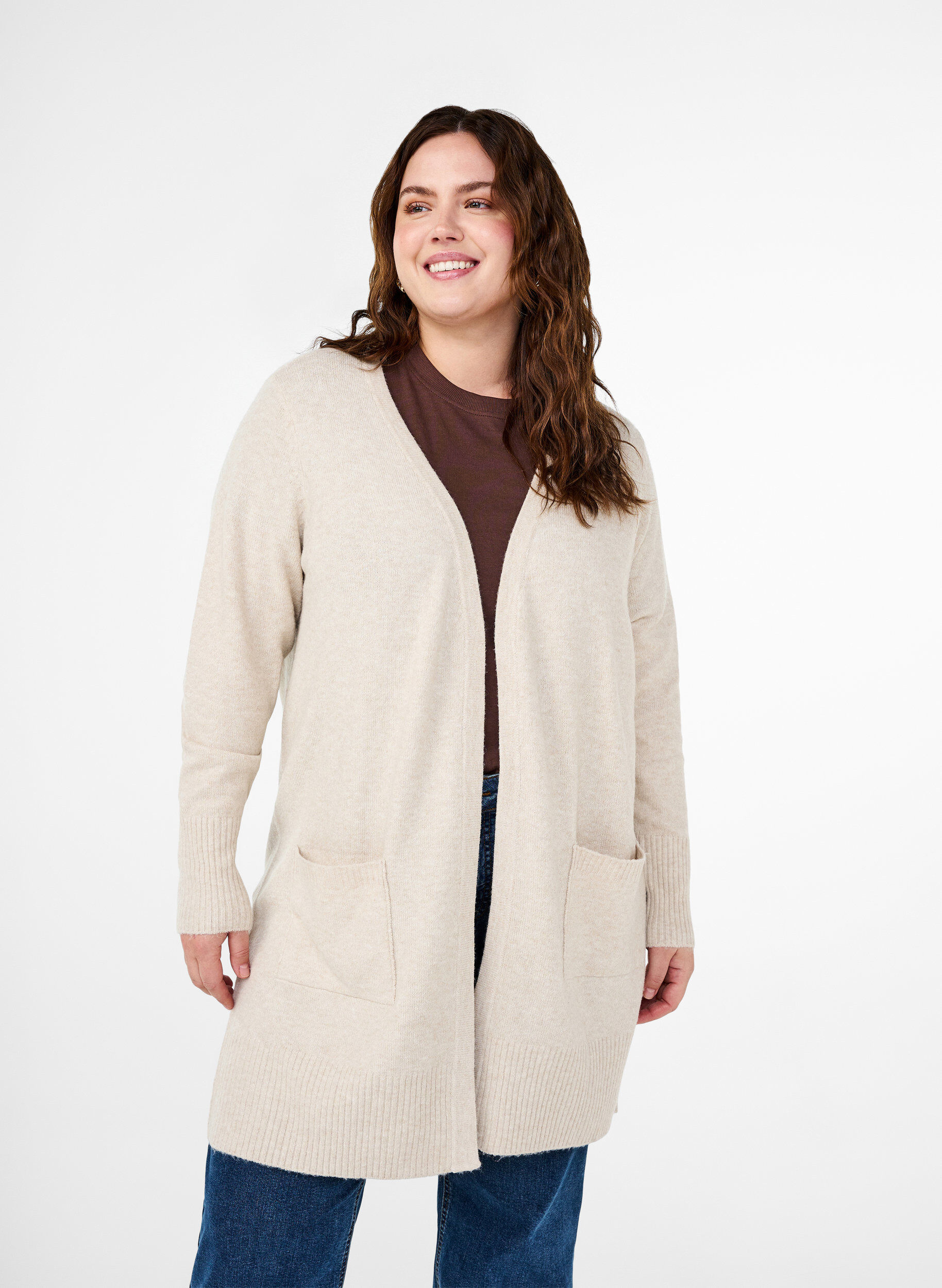 ZizziRibbstickad kofta med fickor, Beige, Model image number 0