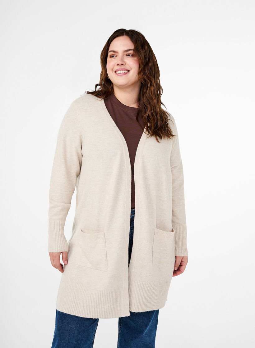 Ribbstickad kofta med fickor, Beige, Model image number 0
