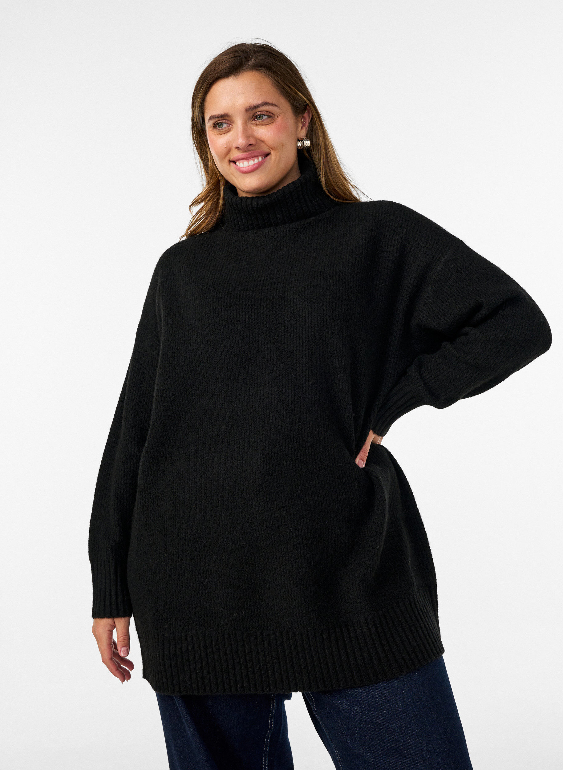 ZizziL&ouml;st stickad tr&ouml;ja med polokrage, Svart, Model image number 0