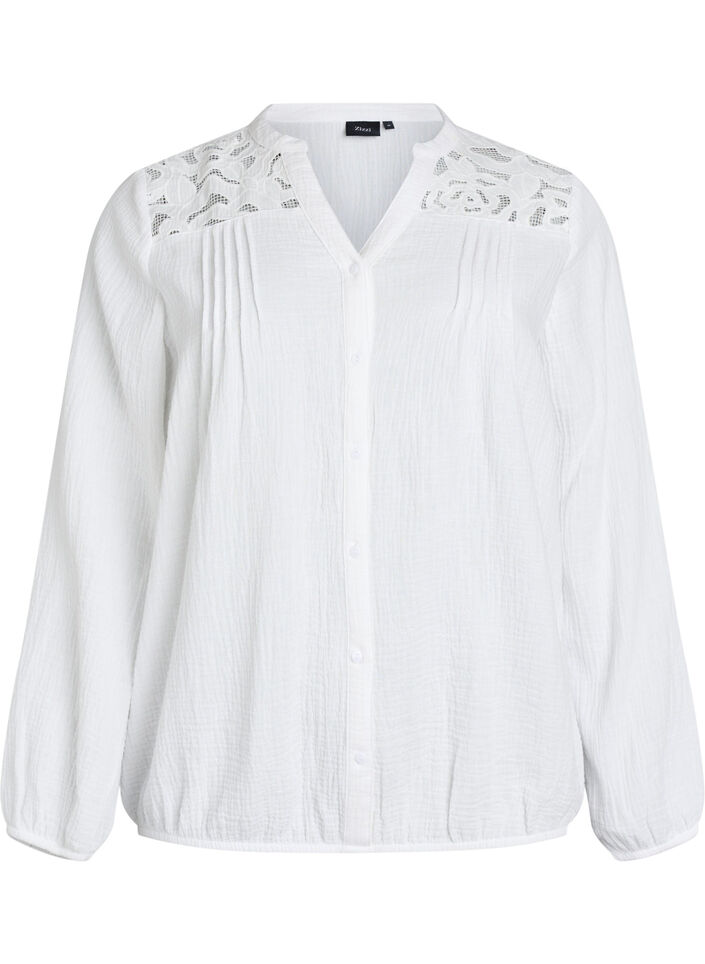 Blus i bomullsmuslin med broderade detaljer, Vit, Packshot image number 0