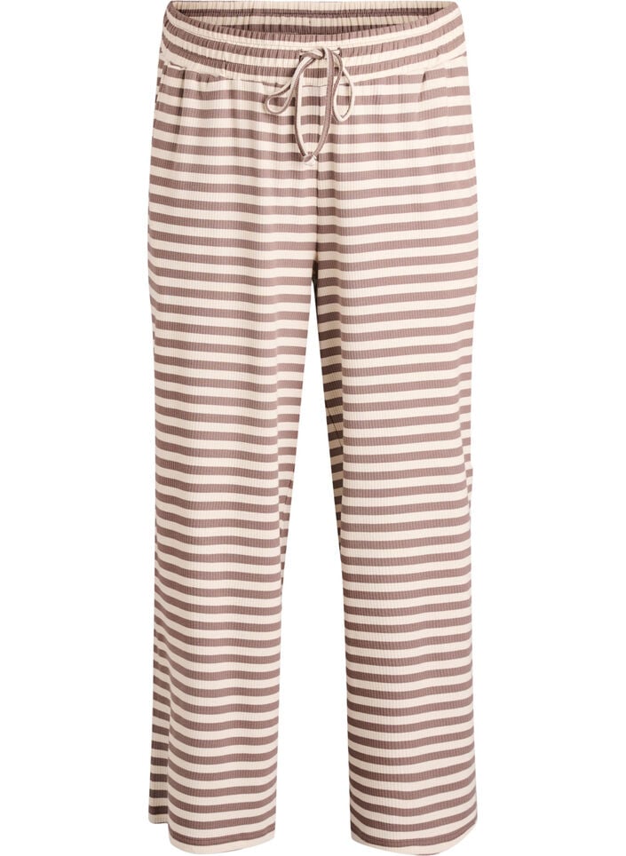 Randiga pyjamasbyxor med hög midja och vida ben, Beige, Packshot image number 0