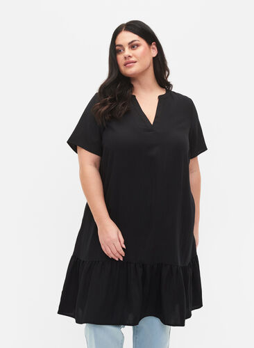 V-ringad klänning i viskos med korta ärmar, Black, Model image number 0