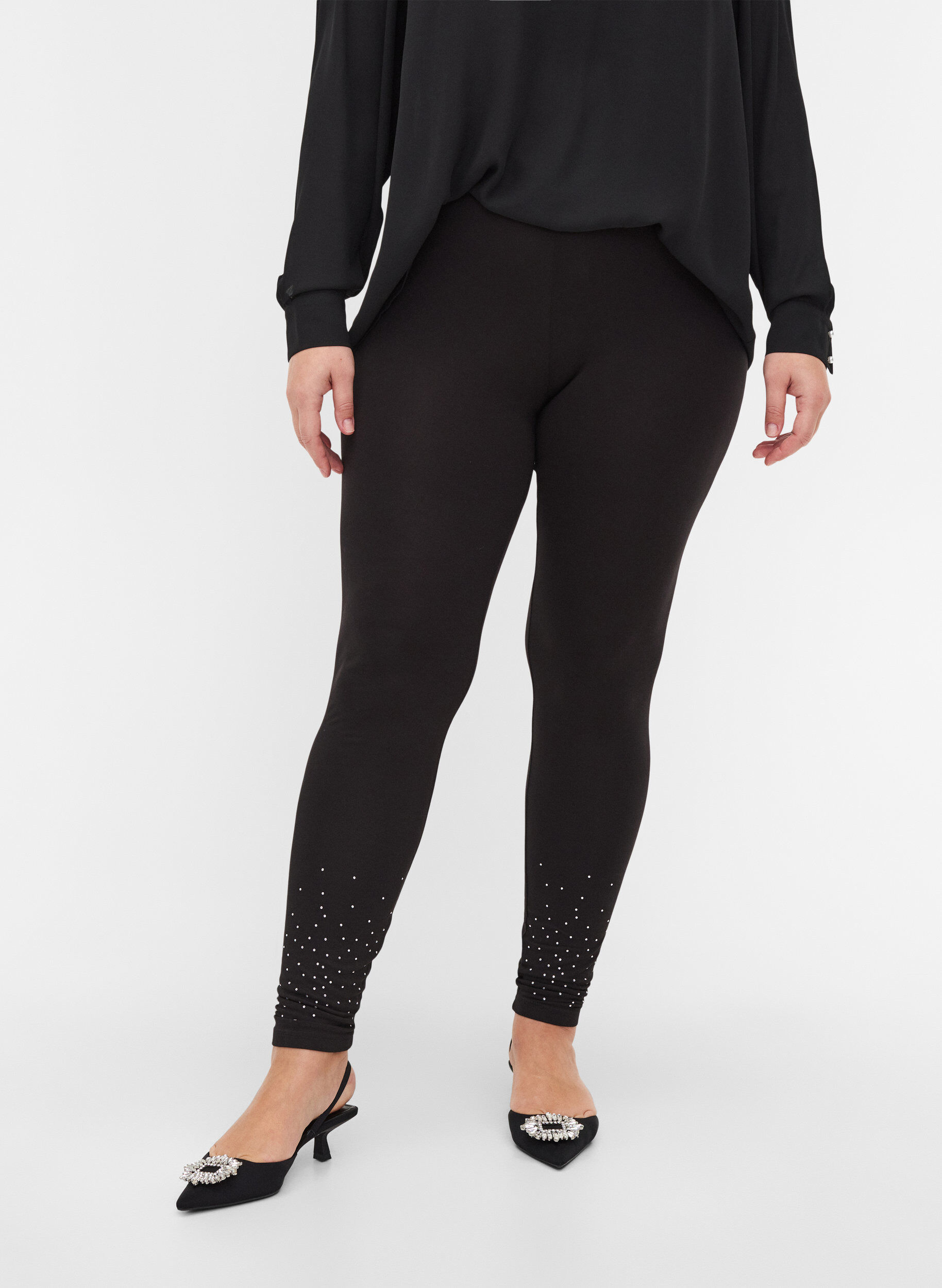 Zizzi Leggings i viskosmix med dekorativa stenar, Black, Model image number 2