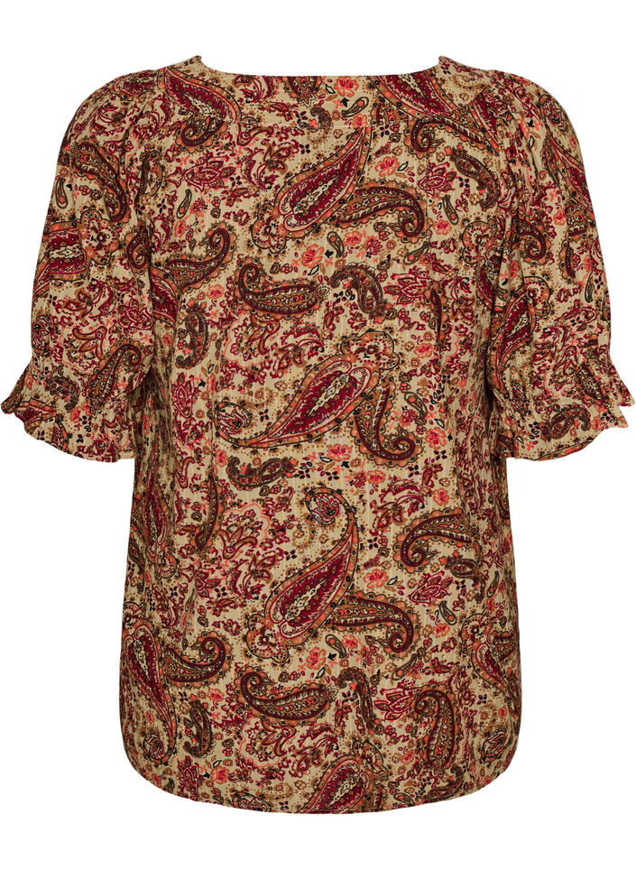 Blus i viskos med paisleym&ouml;nster och fyrkantig halsringning, Brun, Packshot image number 1