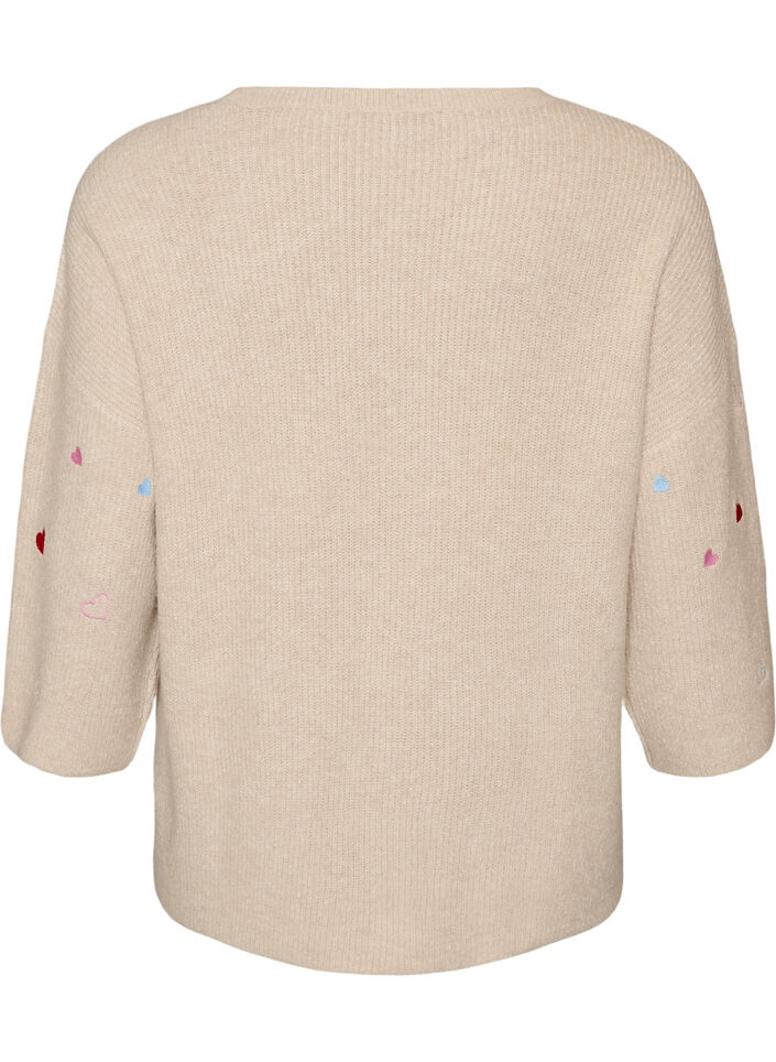 Stickad blus med hj&auml;rtan och 3/4-&auml;rmar, Beige, Packshot image number 1