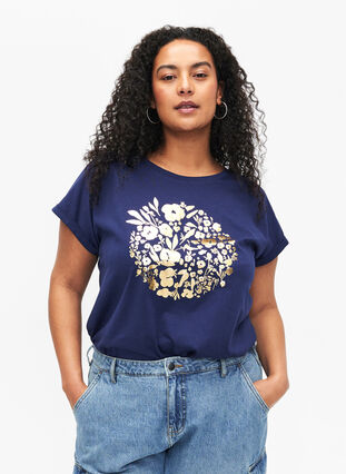 T-shirt i ekologisk bomull med guldtryck, Med.Blue Gold Flower, Model image number 0