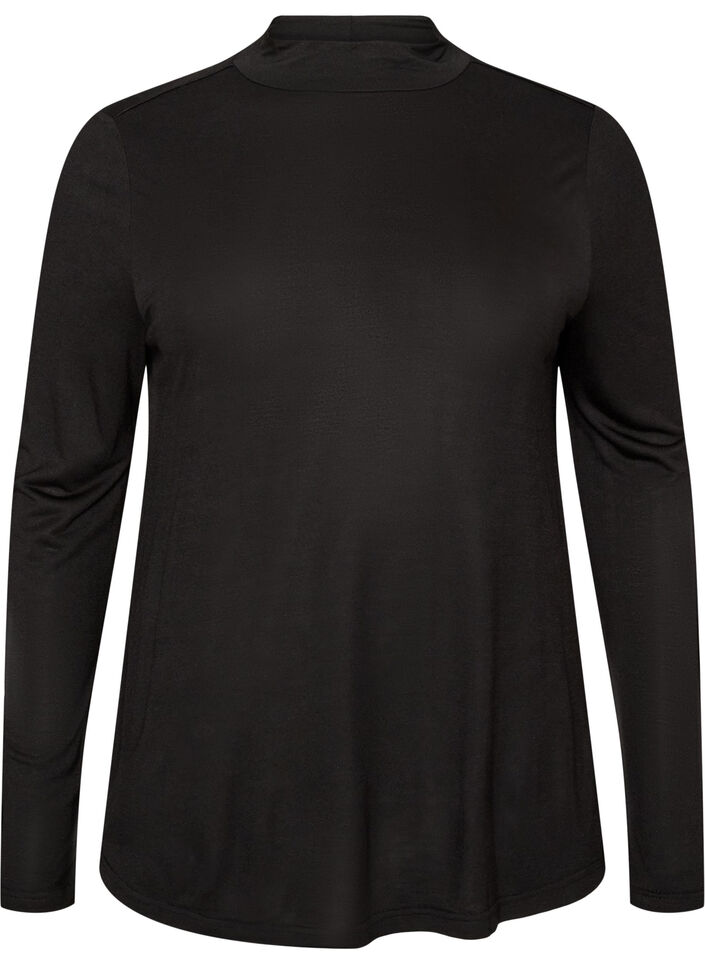 Blus i viskosjersey med h&ouml;g hals, Svart, Packshot image number 0