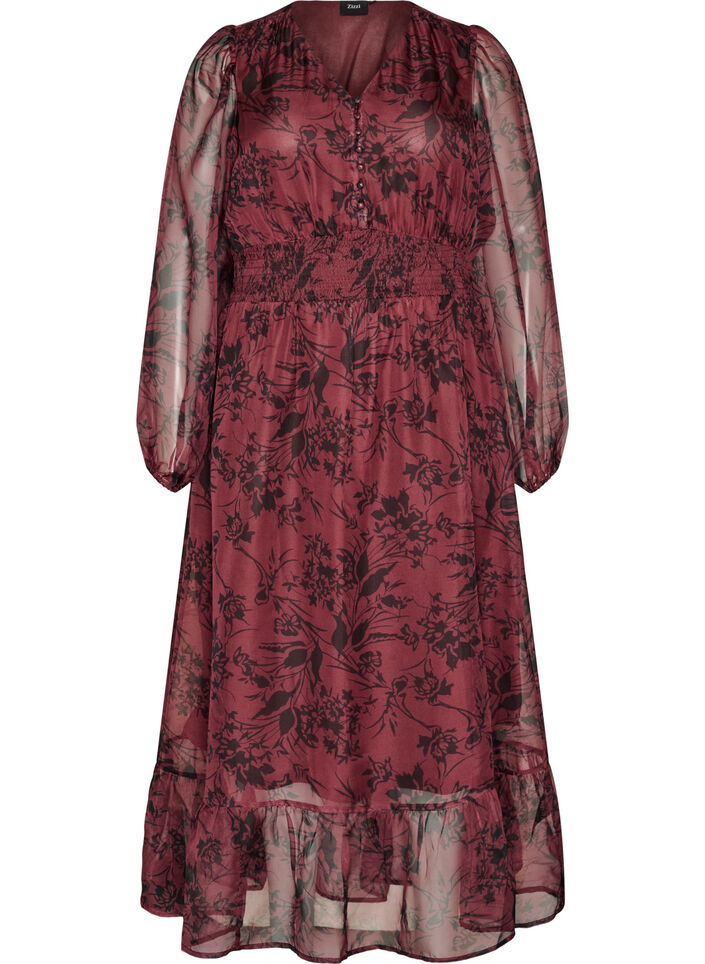 Maxikl&auml;nning med blommigt m&ouml;nster och smock, M&ouml;rk Bordeaux, Packshot image number 0